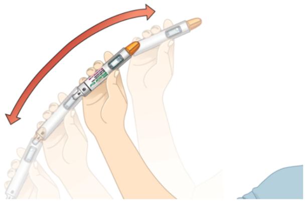 Shake the autoinjector hard, in an up-and-down motion, until the medicine is mixed evenly and you do not see any white