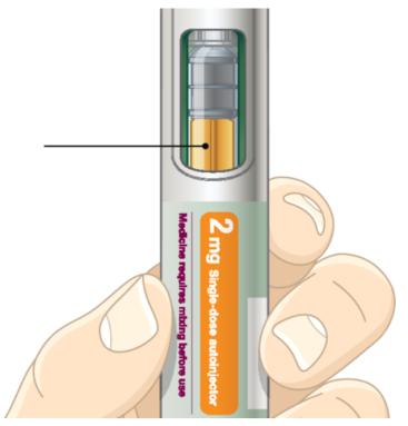 After you lift the autoinjector from your skin, the green shield will move back up to lock over the needle.