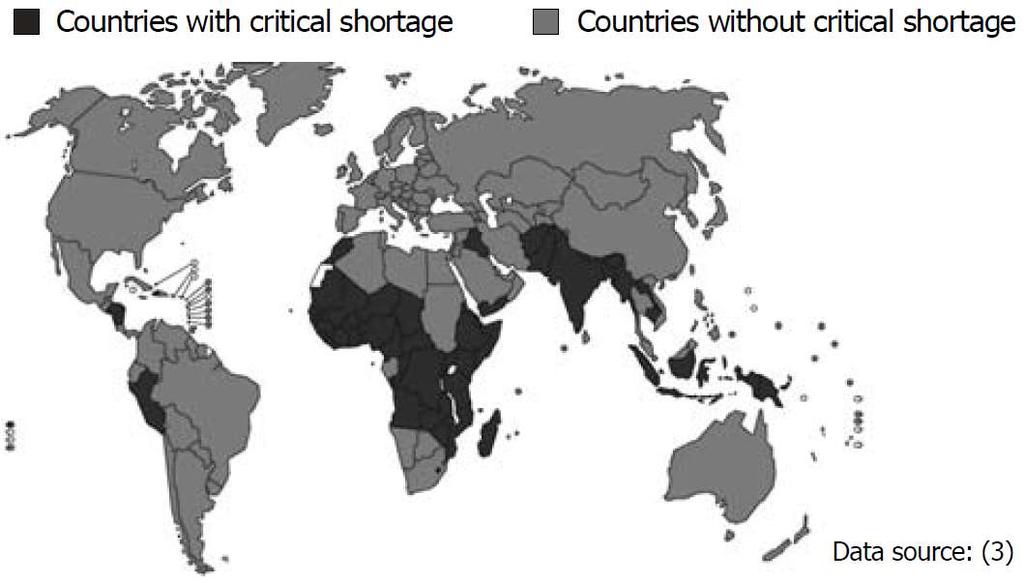 Geographical distribution of countries with a critical shortage of health service