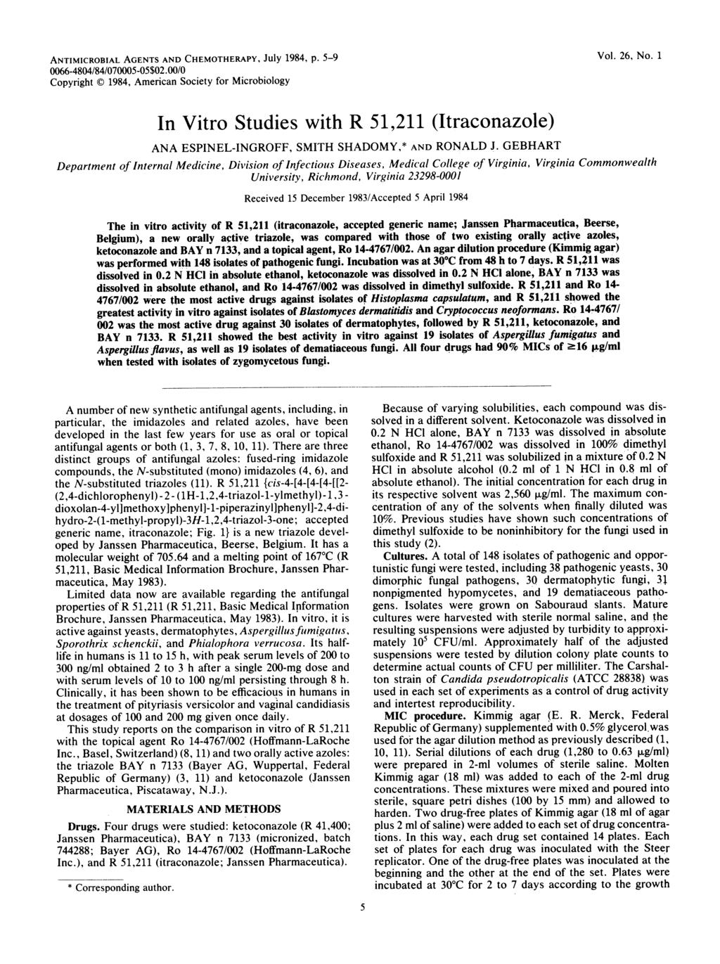 ANTIMICROBIAL AGENTS AND CHEMOTHERAPY, JUIY 1984, p. 5-9 Vol. 26, No. 1 0066-4804/84/070005-05$02.