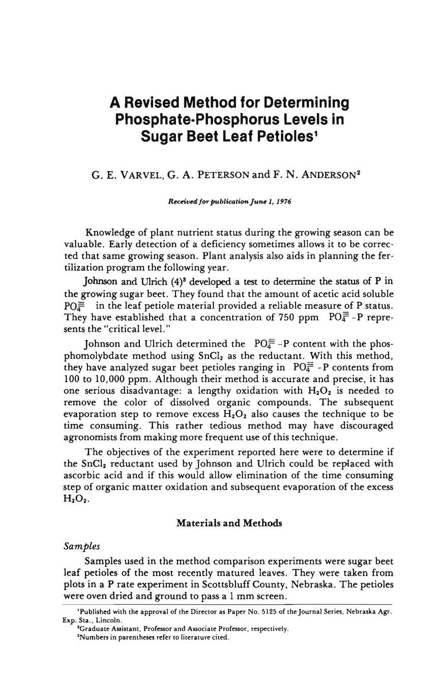 A Revised Method for Determining Phosphate-Phosphorus Levels in Sugar Beet Leaf Petioles 1 G. E. VARVEL, G. A. PETERSON and F. N. ANDERSON 2 &ceived/orpublicalionj.