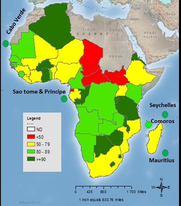 A decrease in the coverage was observed in 17 countries mainly in the 3 Ebola affected countries (Guinea, Liberia & Sierra Leone) as well as in countries like Angola and Cote d Ivoire, for various