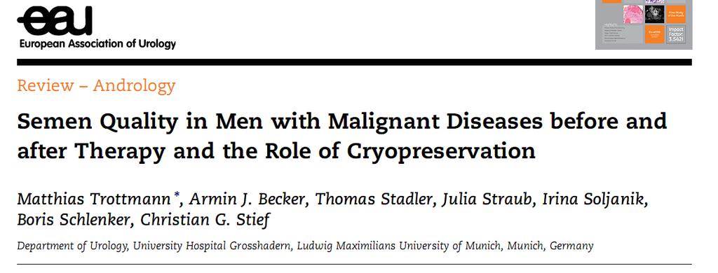 Disease process influences spermatogenesis Oligozoospermia is present in 28% of men presenting with testicular, 25% of Hodgkin s, 57% of