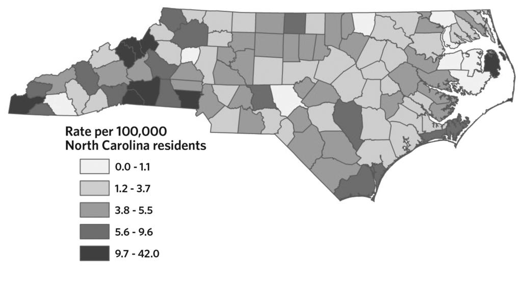 figure 1. Unintentional Deaths Due to Poisoning Across North Carolina Between 1999 and 2009 1999-2001 2006-2009 Note. Darker shading indicates a higher death rate per 100,000 persons.