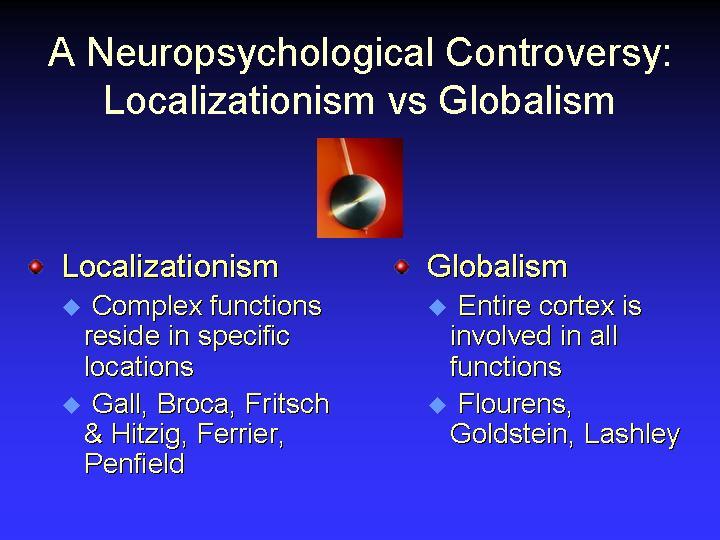 Localizationism vs globalism Historically, there has been a controversy for about 200 years in neuropsychology over the question of whether
