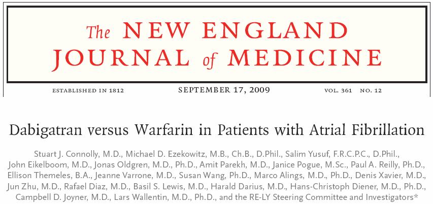 Study Design 18,113 patients randomized to coumadin (InR 2-3), Dabigatran 110 mg BID or 150 mg BID Median follow up 2