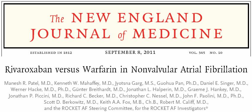 Study Design 14,264 patients with NVAF randomized to coumadin (InR 2-3) or Rivaroxaban 20 mg QD Median follow up 1.