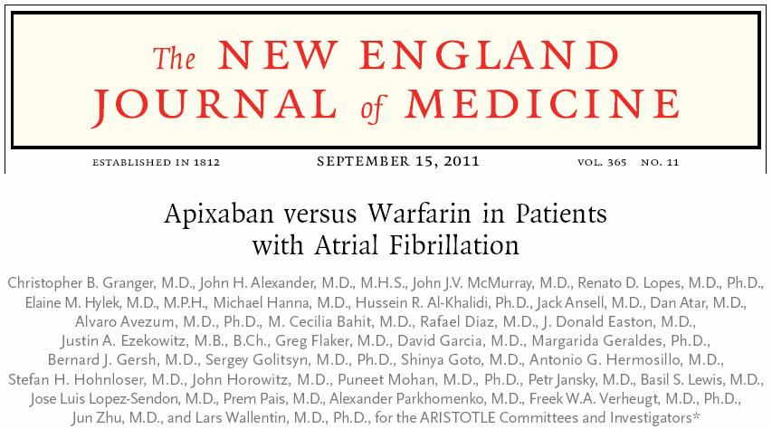 Study Design 18, 201 patients randomized to coumadin (InR 2-3) or Apixaban 5 mg BID Median follow up 1.