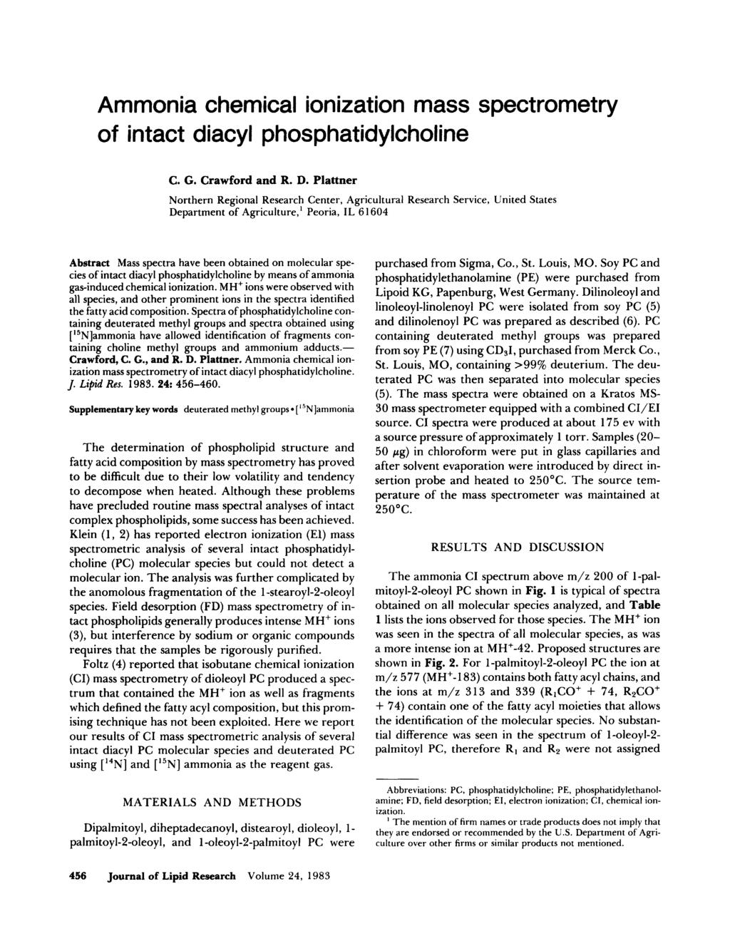 Ammonia chemical ionization mass spectrometry of intact diacyl phosphatidylcholine C. G. Crawford and R. D.