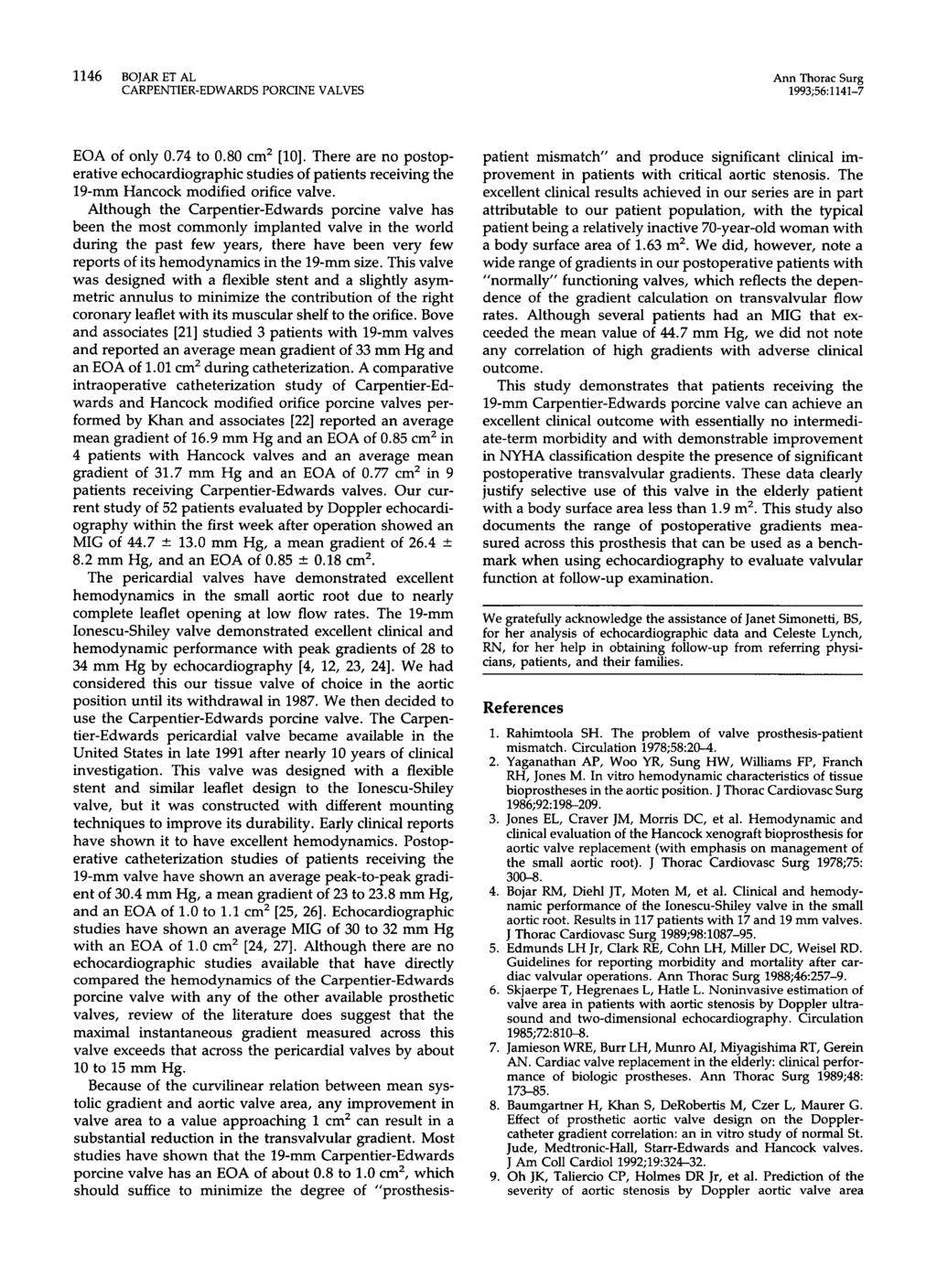 1146 BOJAR ET AL Ann Thorac Surg 199;56:1141-7 EOA of only.74 to.8 cm [lo]. There are no postoperative echocardiographic studies of patients receiving the 19-mm Hancock modified orifice valve.