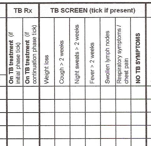 * Page 2 of ACR: clinical visits TB Treatment columns TB Screening questions: patients with symptoms will get a tick in any of these columns Patients without