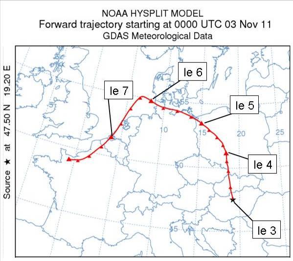 le 10 le 9 le 8 le 7 le 6 Figure 2 Air mass trajectories from Budapest on November 3, 4, 5 and 6, 2011 (The red triangles along the trajectory line show the position of the air mass at 6-hour