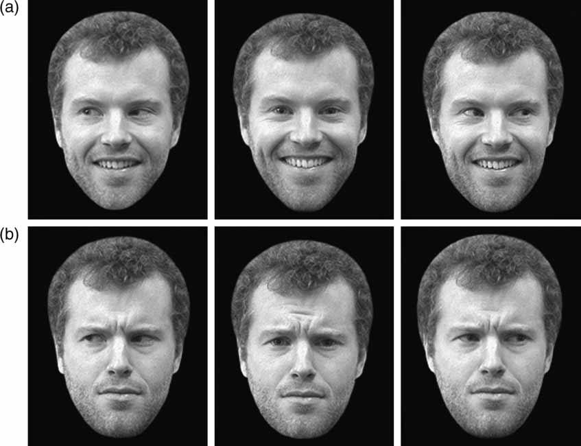 EYE GAZE AND EXPRESSION 711 Figure 1. Example stimuli from Experiment 1 showing happy (a) and sad (b) facial expressions with averted and direct eye gaze. occurred with equal frequency.