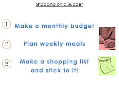 Shopping on a budget Say: Many people have trouble stretching a limited food budget until the next paycheck or until the end of the month, so the first step to healthy eating with limited food