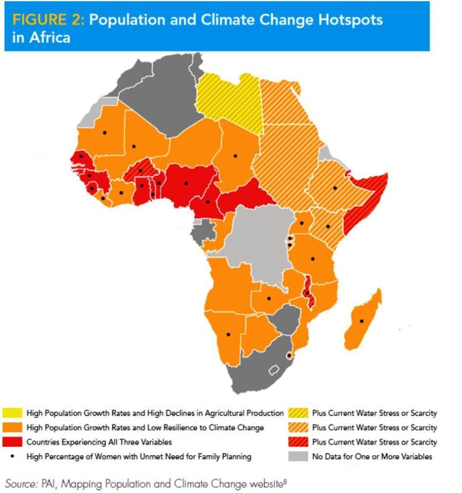 Population & Climate Change Hotspots Many countries experiencing twin challenges of high rates of population growth & negative consequences of climate change.