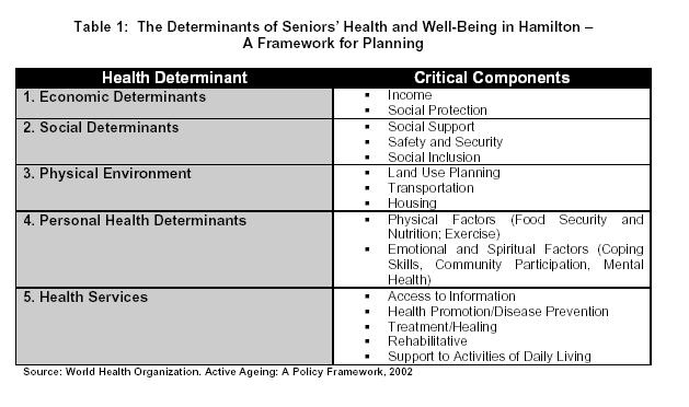 The planning framework on which the Seniors Health and Well-Being Project was developed was drawn from the determinants of health described by the WHO in Active Aging: A Policy Framework (2002).