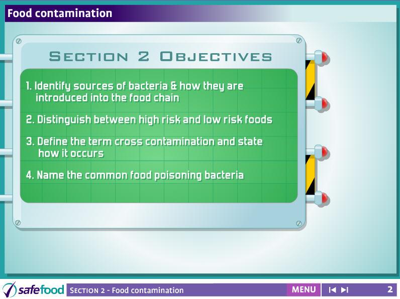 screen 2 Food contamination This screen lists the objectives of the chapter 1. Identify sources of bacteria and how they are introduced into the food chain 2.