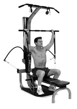 Sit on the bench facing away from the Power Rods, directly over the low pulleys, knees bent and feet flat on the floor.
