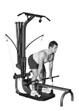 Pulley position: Lat tower. Remove the bench, straddle the rail and stand on the platform facing the Power Rods. Grasp the lat bar at shoulder width or slightly wider with your palms down.