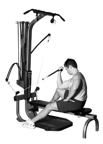 Seated position: Sit facing the Power Rods, knees bent with one foot resting on the bench and one on the floor. Angle the elevated leg toward the opposite pulley (right leg toward left pulley).