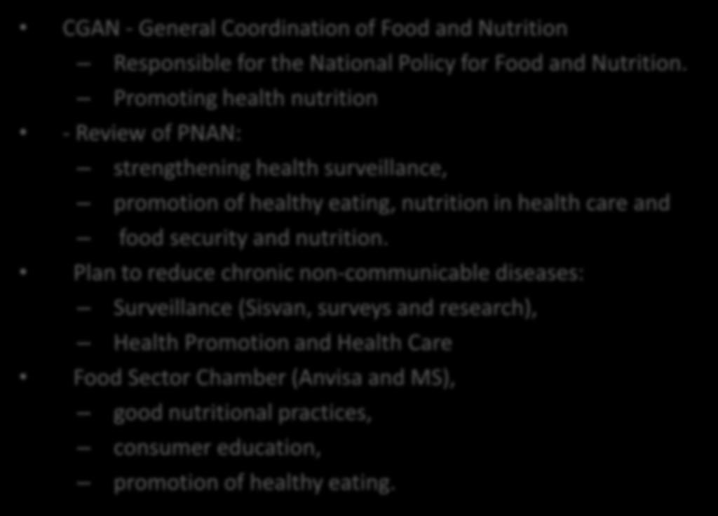 Brazil Food and Nutrition CGAN - General Coordination of Food and Nutrition Responsible for the National Policy for Food and Nutrition.