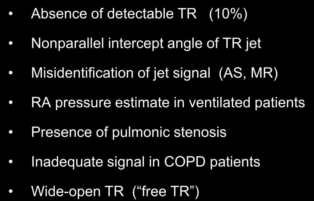 Estimation of PA Pressure Limitations of TR Jet Method Absence of detectable TR (10%) Nonparallel intercept angle of TR jet Misidentification of jet