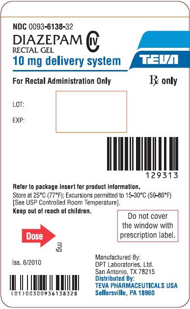 Diazepam Rectal Gel 10 mg Label Text NDC 0093-6138-32 DIAZEPAM Rectal Gel CIV 10 mg