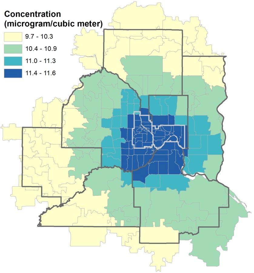 Figure 5: Baseline levels of PM 2.5 in the Twin Cities metro area by ZIP code, 2008 annual average Based on ZIP code-level downscaler model data, 2008 PM 2.
