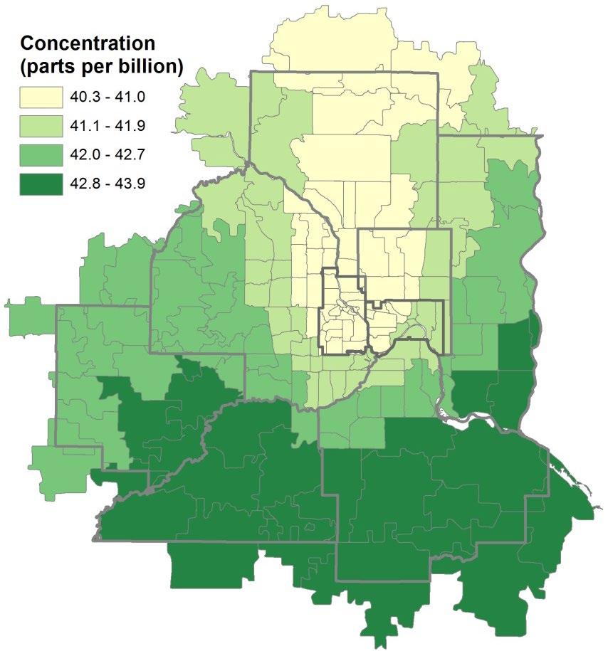 Figure 6 shows 2008 baseline levels of ozone by ZIP code, calculated by taking the average of the daily values from May 1 to September 30 (warm season, when ozone pollution and its health impacts are