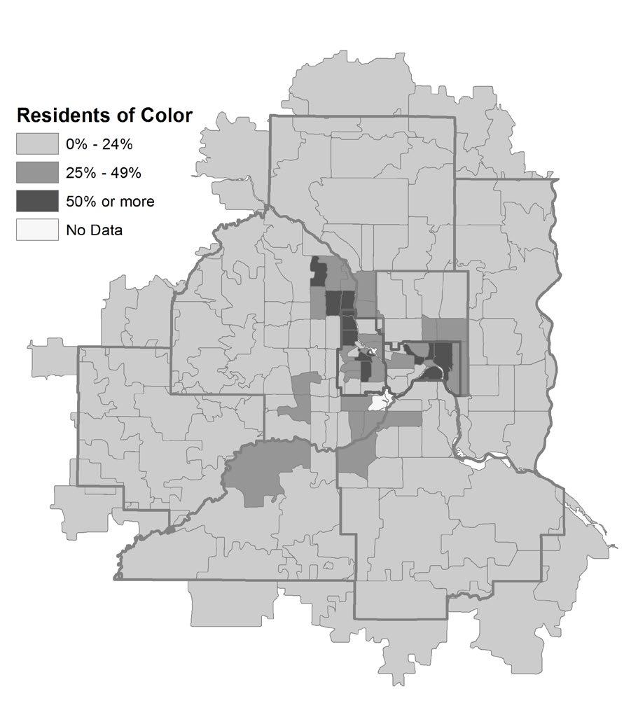 Figure 8 shows the percent of residents of color for all 165 ZIP codes in the Twin Cities metro area in 2008.