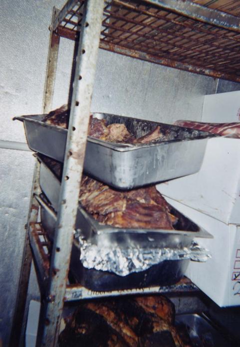 Example of improper storage: Meat stacked on top of one