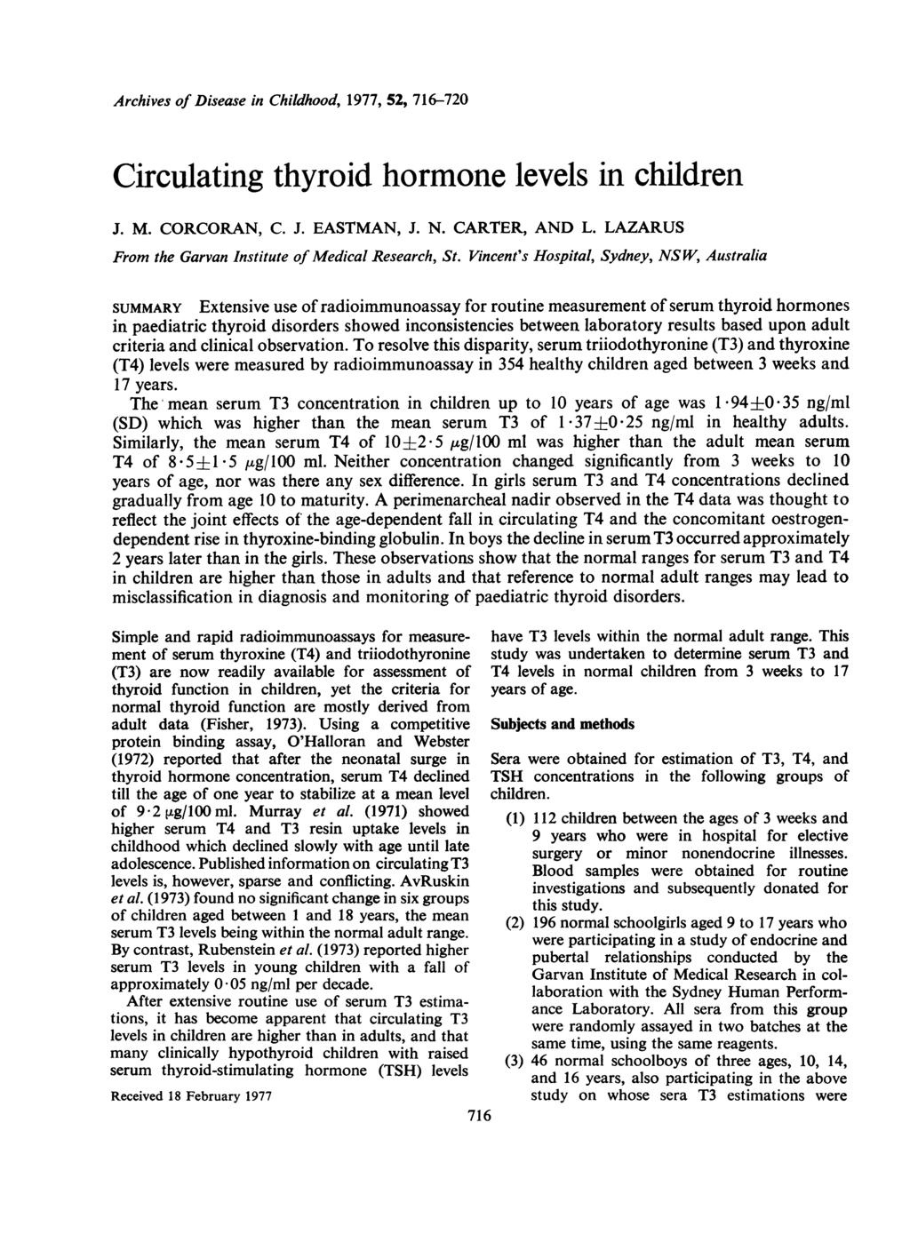 Archives of Disease in Childhood, 1977, 52, 716-720 Circulating thyroid hormone levels in children J. M. CORCORAN, C. J. EASTMAN, J. N. CARTER, AND L.