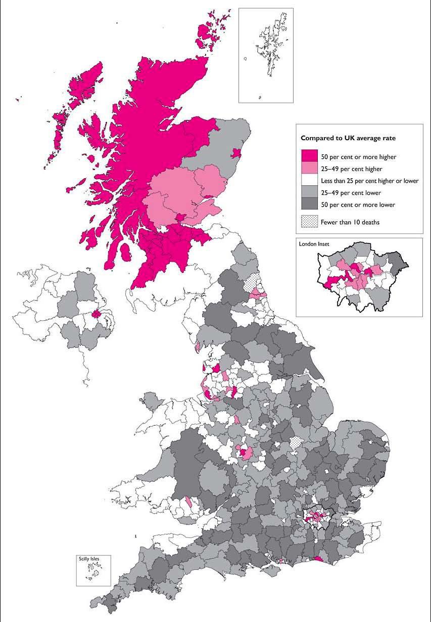 Healthier Scotland: death rates 15 of the 20 local areas in the UK with highest male alcoholrelated death rate 1998-2004 are in Scotland.