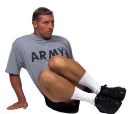 Legs are straight, extended to the front and 8-12 inches off the ground. Cadence: MODERATE. Count: 1. Raise legs while rotating on to the left buttock and draw the knees toward the left shoulder. 2.