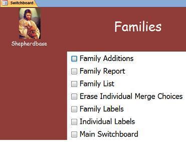 Families Main Menu: View and print family reports, access