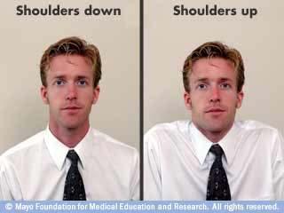 Shoulder shrug The shoulder shrug targets tight neck, shoulder and upper back muscles. Slowly bring your shoulders up toward your ears.