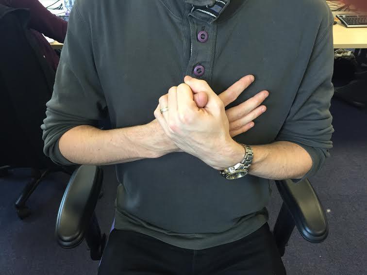Hold for 30 seconds and repeat 10 times Place the involved hand against your chest.