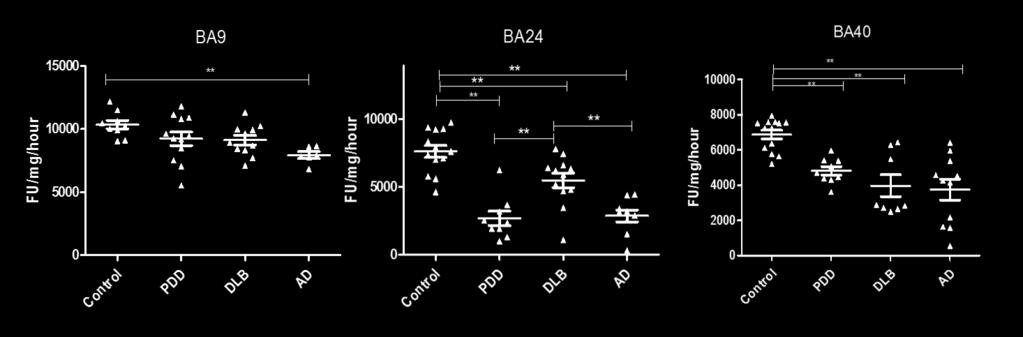 Figure 2: Analysis of PGPH-like activities in brain homogenates from BA9, BA40, and BA24 of DLB, PDD, AD, and controls.