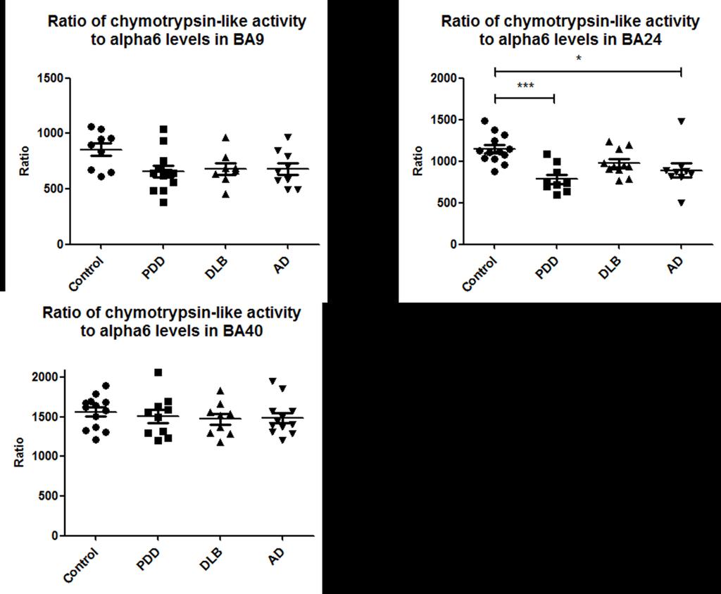 Supplementary figure 5 The ratio of chymotrypsin-like activity to the level of α6 subunits in BA9 and in BA40 was not significantly different between diagnostic groups.