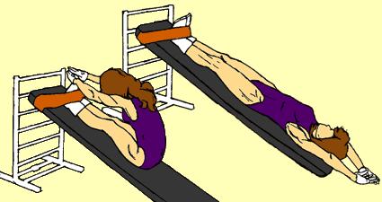 12) Incline Arms Extended Sit Up Upper Abdominals Put sit up board at 25 to 30 degree angle. Sit with feet at high side under strap. Keep knees slightly bent, arms above head, elbows locked.