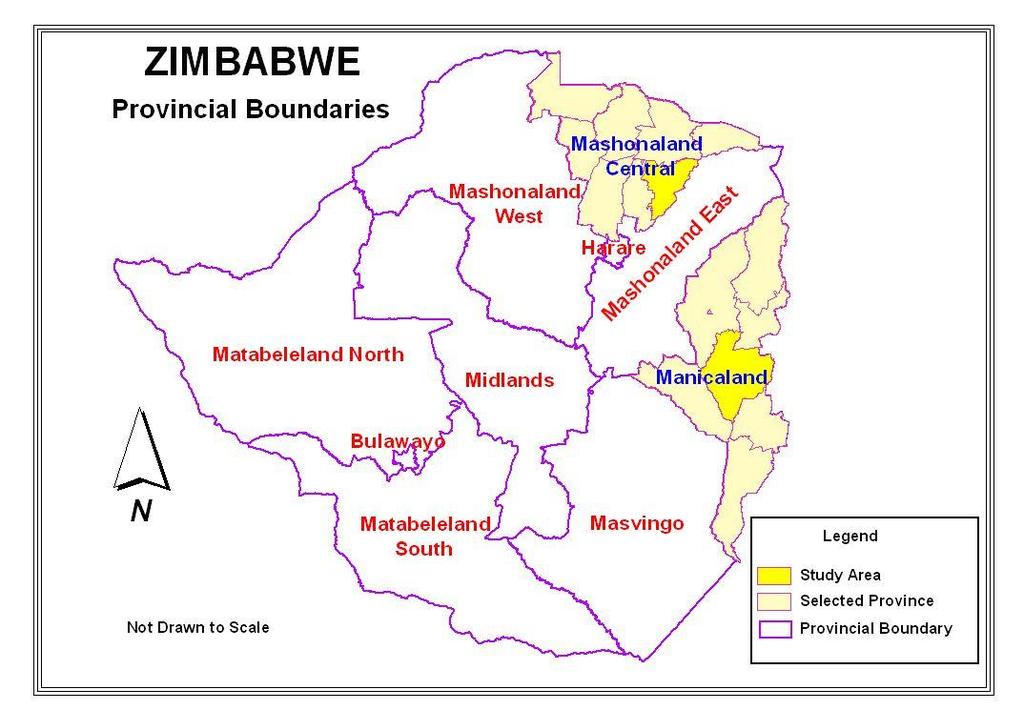 Figure 2.2.1 show the map of Zimbabwe with the location of sites selected for the study. The provinces from which the sites were selected are also highlighted. Figure 2.2.1: Map of Zimbabwe showing the location of the study sites.