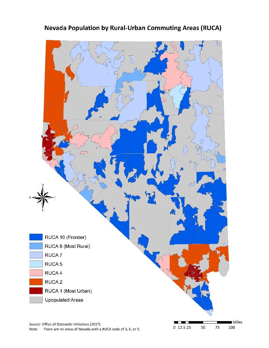 Distribution of Nevada Population by RUCAs RUCAs: Rural-urban commuting areas A more specific population classification tool Dense urban areas Enormous rural, frontier, and unpopulated areas Urban