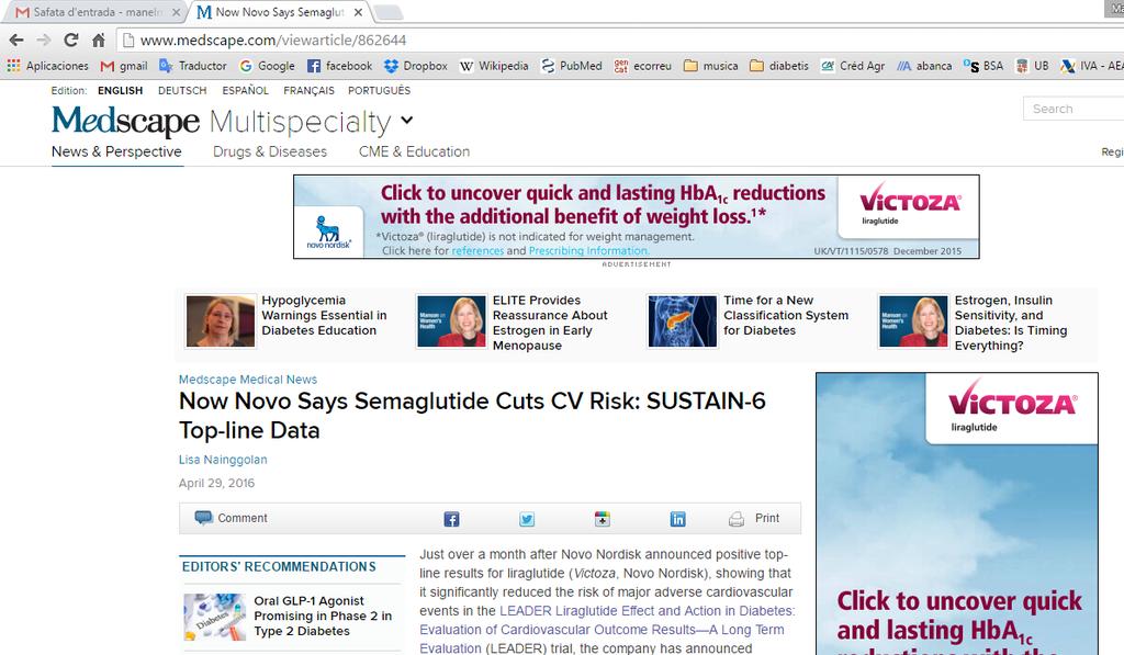 4/3/16: Novo Nordisk announces that Liraglutide reduces CVD