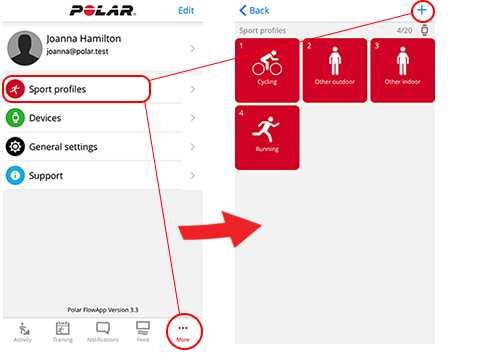 In the Polar Flow web service: 1. Click your name/profile photo in the upper right corner. 2. Choose Sport Profiles. 3. Click Add sport profile, and choose the sport from the list. 4.