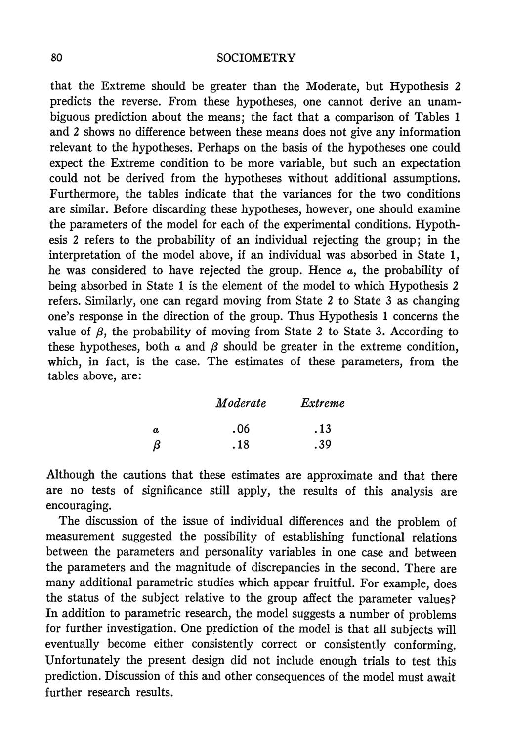 80 SOCIOMETRY that the Extreme should be greater than the Moderate, but Hypothesis 2 predicts the reverse.