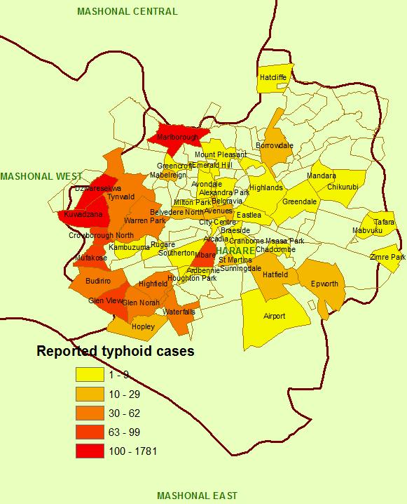 Figure 9 shows the typhoid epidemic curve in Zimbabwe. As of 08 April 2012, a total of 4 177 cases had been reported. Of these, 4064 cases and 2 deaths (CFR= 0.