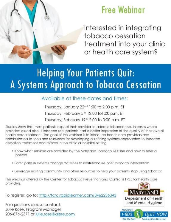Provider Training and Webinar Online brief tobacco intervention training features the abbreviated AAR Ask, Advise, and Refer intervention, referral methods for the Quitline, and pharmacology