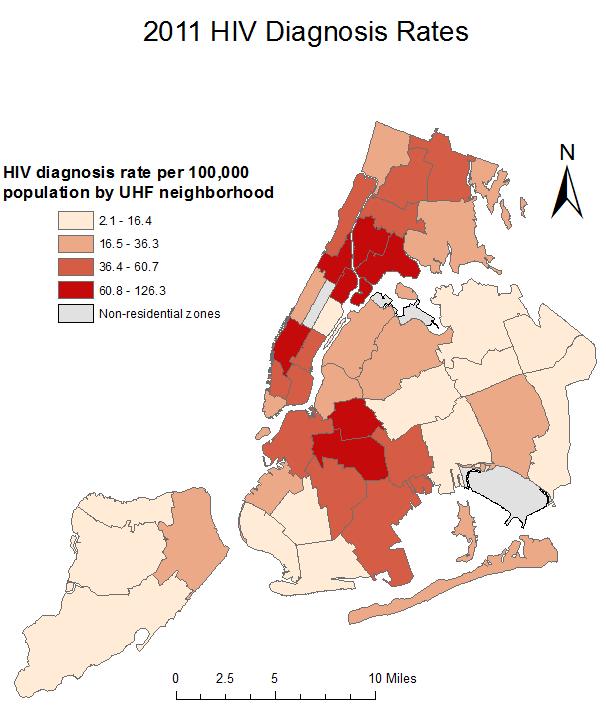 In 2011, UHF neighborhoods with the highest rates of HIV diagnoses were in the South Bronx, Central Brooklyn, Chelsea-Clinton and Harlem.