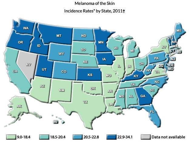 Melanoma Incidence and Death Rates CT incidence: 20.5-22.8 CT death rates: 1.1-2.