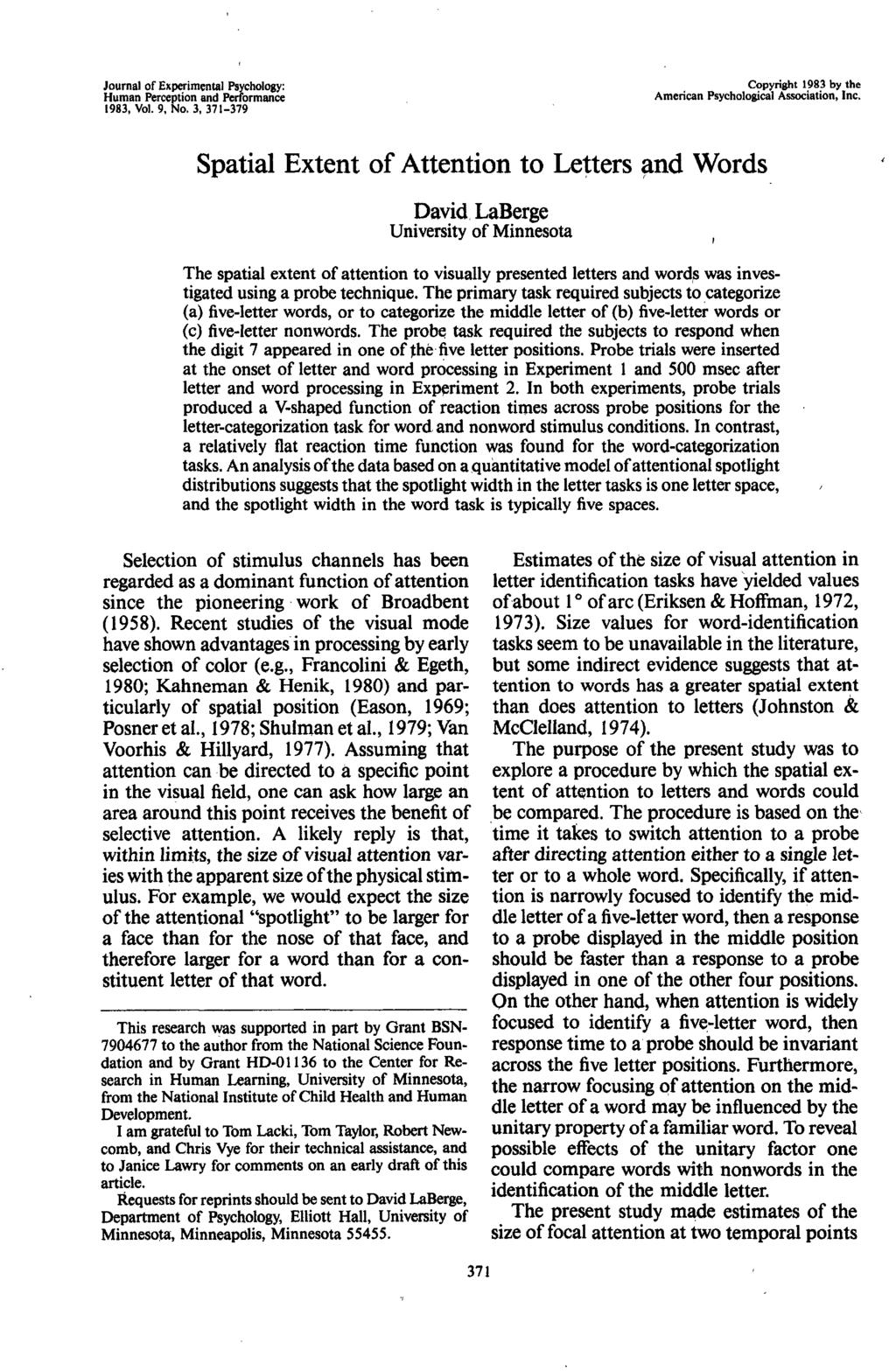 Journal of Experimental Psychology: Human Perception and Performance 1983, Vol. 9, No. 3, 371-379 Copyright 1983 by the American Psychological Association, Inc.